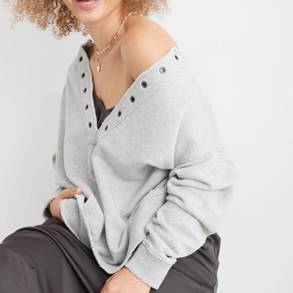 Aerie Lace Up Oversized Crew Sweatshirt in Gray - Picture 4 of 4